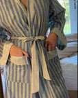 Green and Blue Stripped Hand Block Printed Cotton Robe