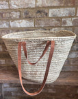 Handmade Double Tan Leather Handle Straw Shopper Basket: Medium