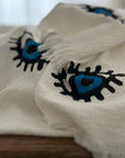 Long Cotton Robe: White with Dark Blue & Black Eye