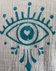 White with Turquoise Eye & Black Crescent Moon Print Kimono Robe: Full Length