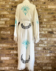 White with Turquoise Eye & Black Crescent Moon Print Kimono Robe: Full Length