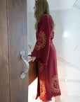 Long Organic Cotton Robe: Merlot with Gold Sun