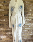 Long Cotton Robe: White with Blue Eye