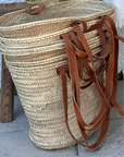 Handmade Double Tan Leather Handle Straw Shopper Basket: Medium
