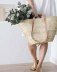 Handwoven Straw Market Bag with Long Leather Handles