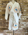 Organic Kimono in White with Orange & Blue Eye: Short