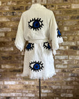 Organic Kimono in White with Dark Blue & Black Eye: Short