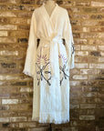 Long Cotton Robe: White with Butterfly