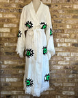 Long Cotton Robe: White with Green Eye