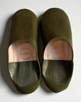 Handmade Moroccan Leather Babouche Slippers | Olive Green