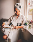 Organic Kimono in White with Dark Blue & Black Eye: Short