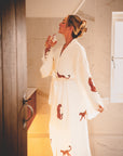 Long Cotton Robe: White with Cheetah