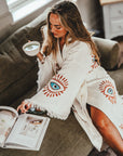 Long Cotton Robe: White with Orange & Blue Eye