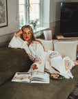 Long Cotton Robe: White with Orange & Blue Eye