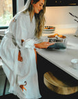 Long Cotton Robe: White with Cheetah