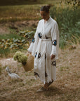 Long Cotton Robe: White with Dark Blue & Black Eye