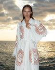 Long Cotton Robe: White with Terracotta Sun