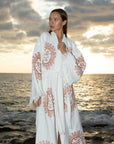 Long Cotton Robe: White with Terracotta Sun