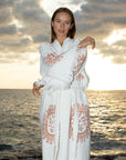 Long Cotton Robe: White with Terracotta Sun