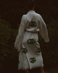 Long Cotton Robe: White with Green Eye