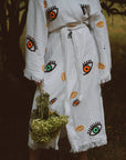 Long Cotton Robe: White with Multi Coloured Mini Eye