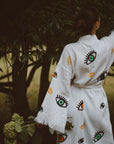 Long Cotton Robe: White with Multi Coloured Mini Eye