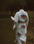 Long Cotton Robe: White with Orange Eye