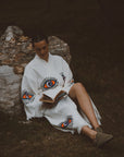 Long Cotton Robe: White with Orange Eye