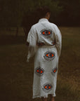 Long Cotton Robe: White with Orange Eye