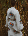 Long Cotton Robe: White with Orange Eye