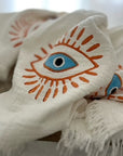 Long Cotton Robe: White with Orange & Blue Eye