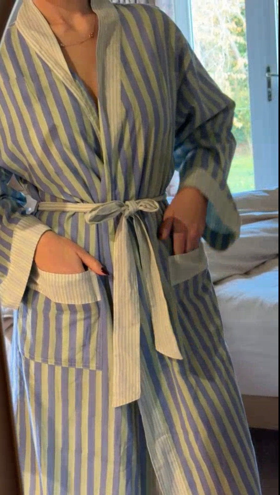 Green and Blue Stripped Hand Block Printed Cotton Robe