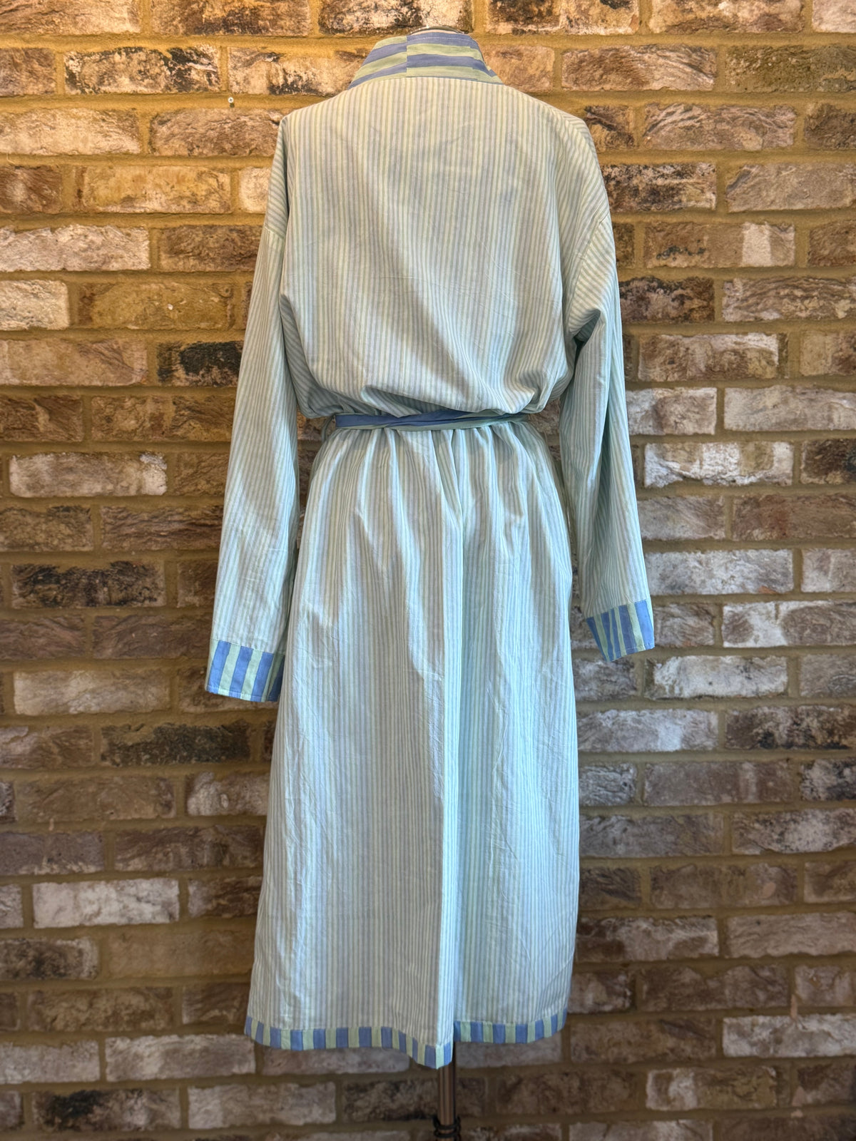 Green and Blue Stripped Hand Block Printed Cotton Robe