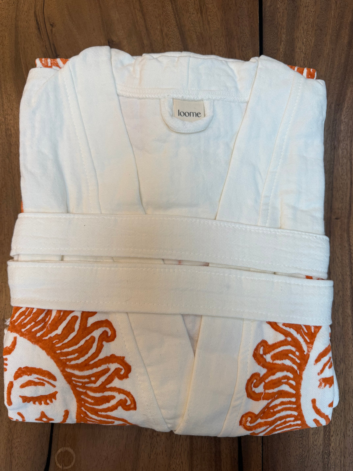 Long Cotton Robe: Off White with Terracotta Sun