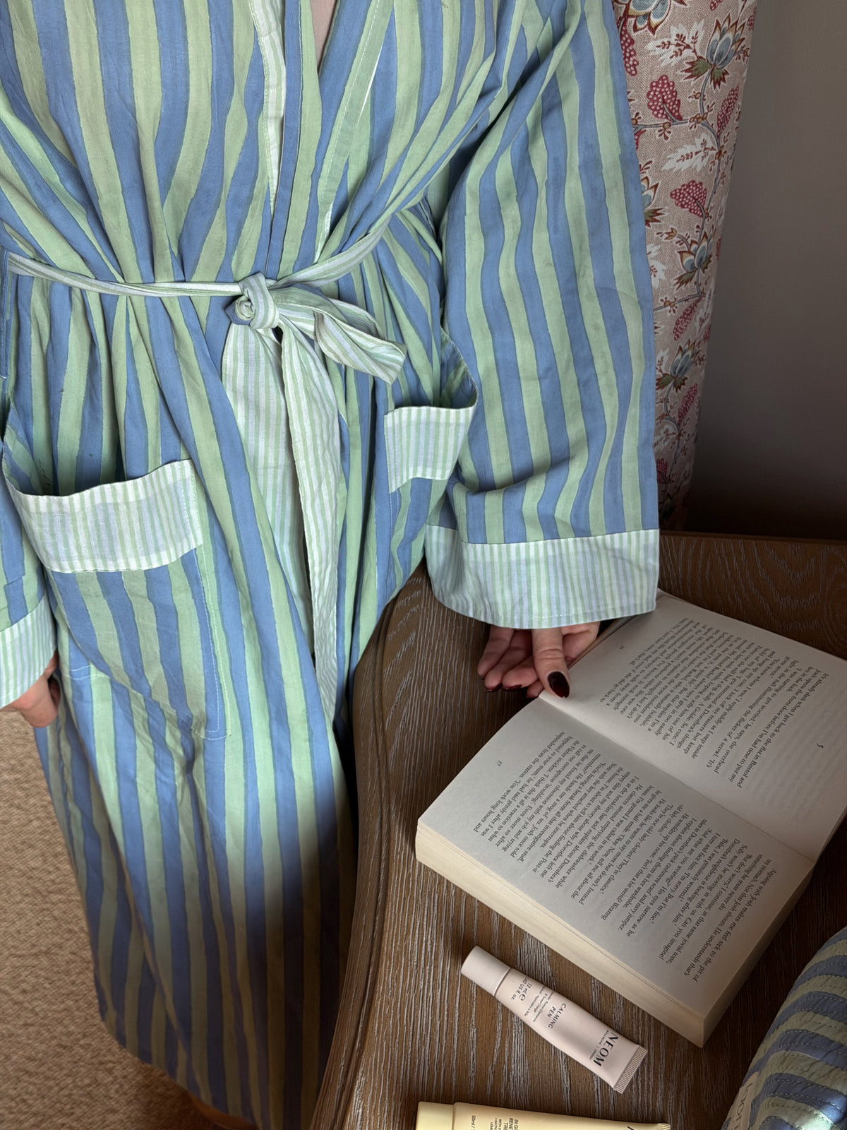 Green and Blue Stripped Hand Block Printed Cotton Robe