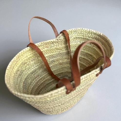 Handwoven Straw Market Bag with Long Leather Handles