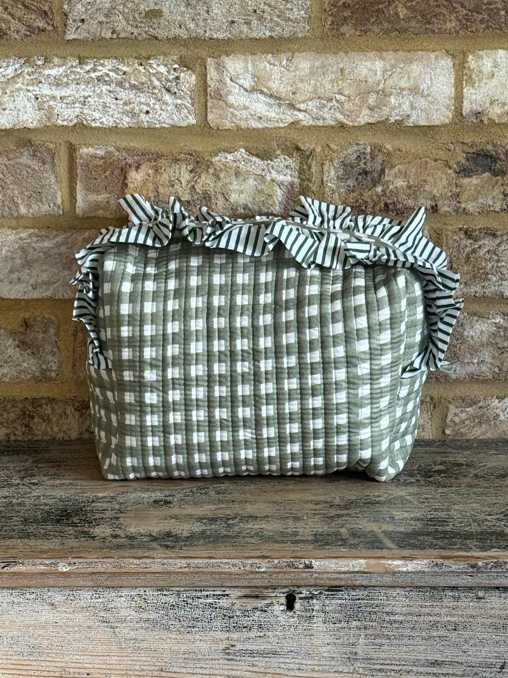 Handmade Quilted Ruffle Makeup Pouch | Green Check
