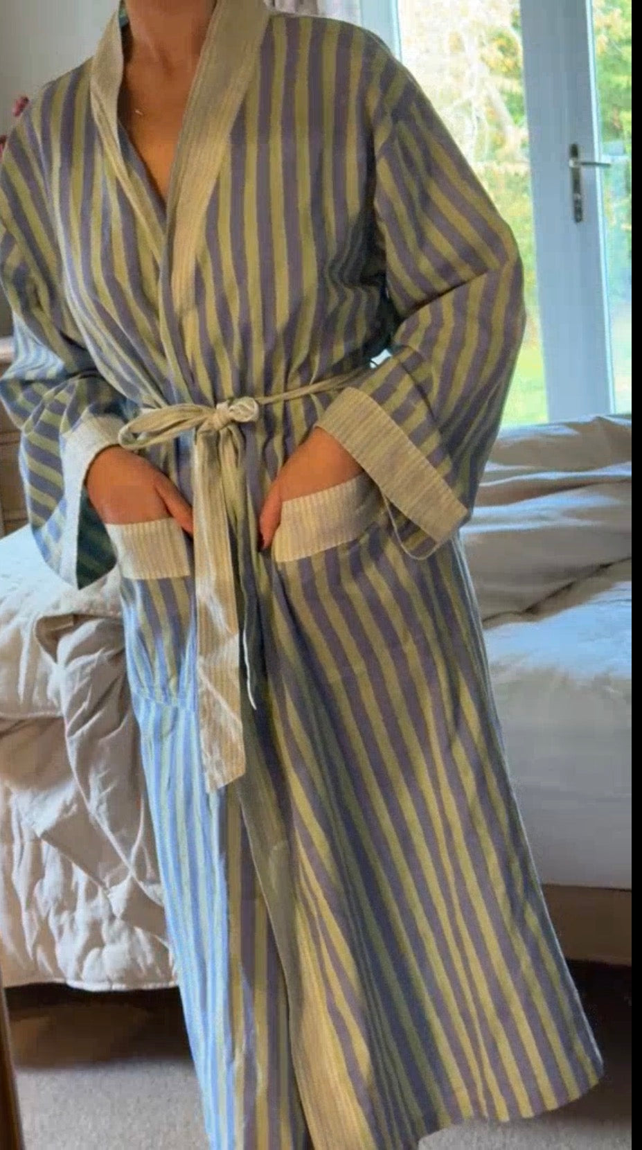 Green and Blue Stripped Hand Block Printed Cotton Robe