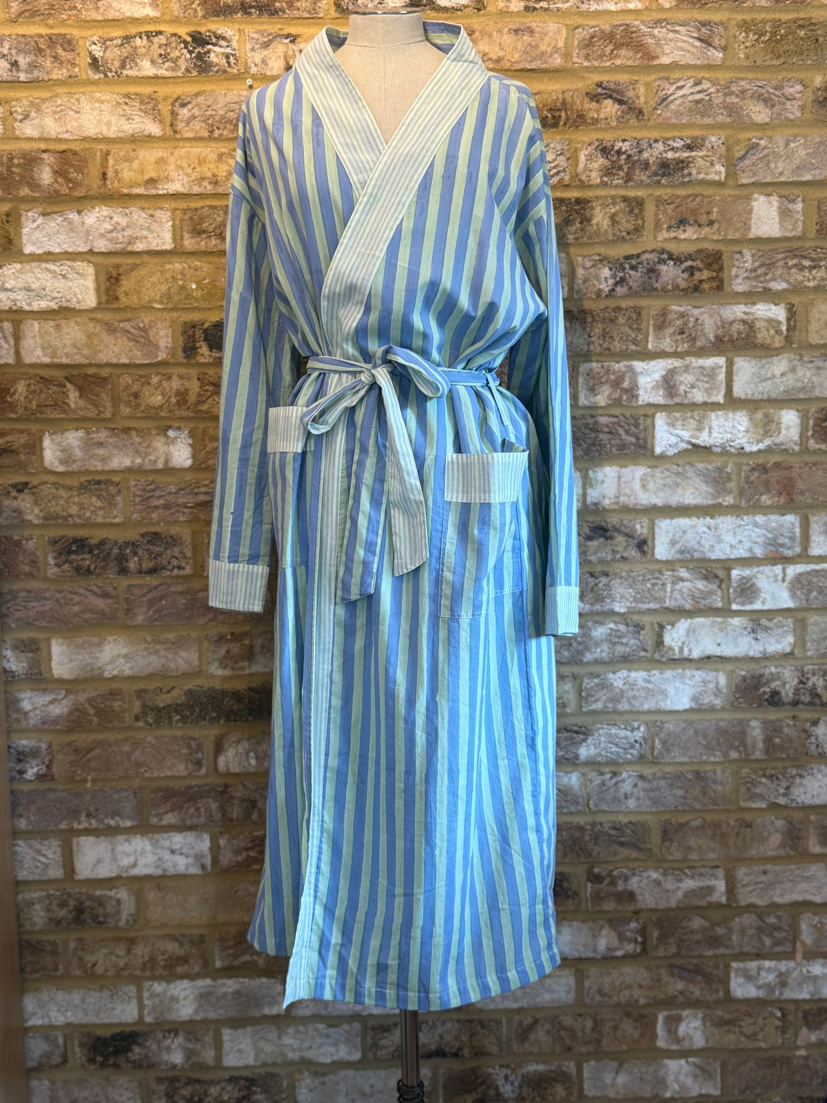 Green and Blue Stripped Hand Block Printed Cotton Robe