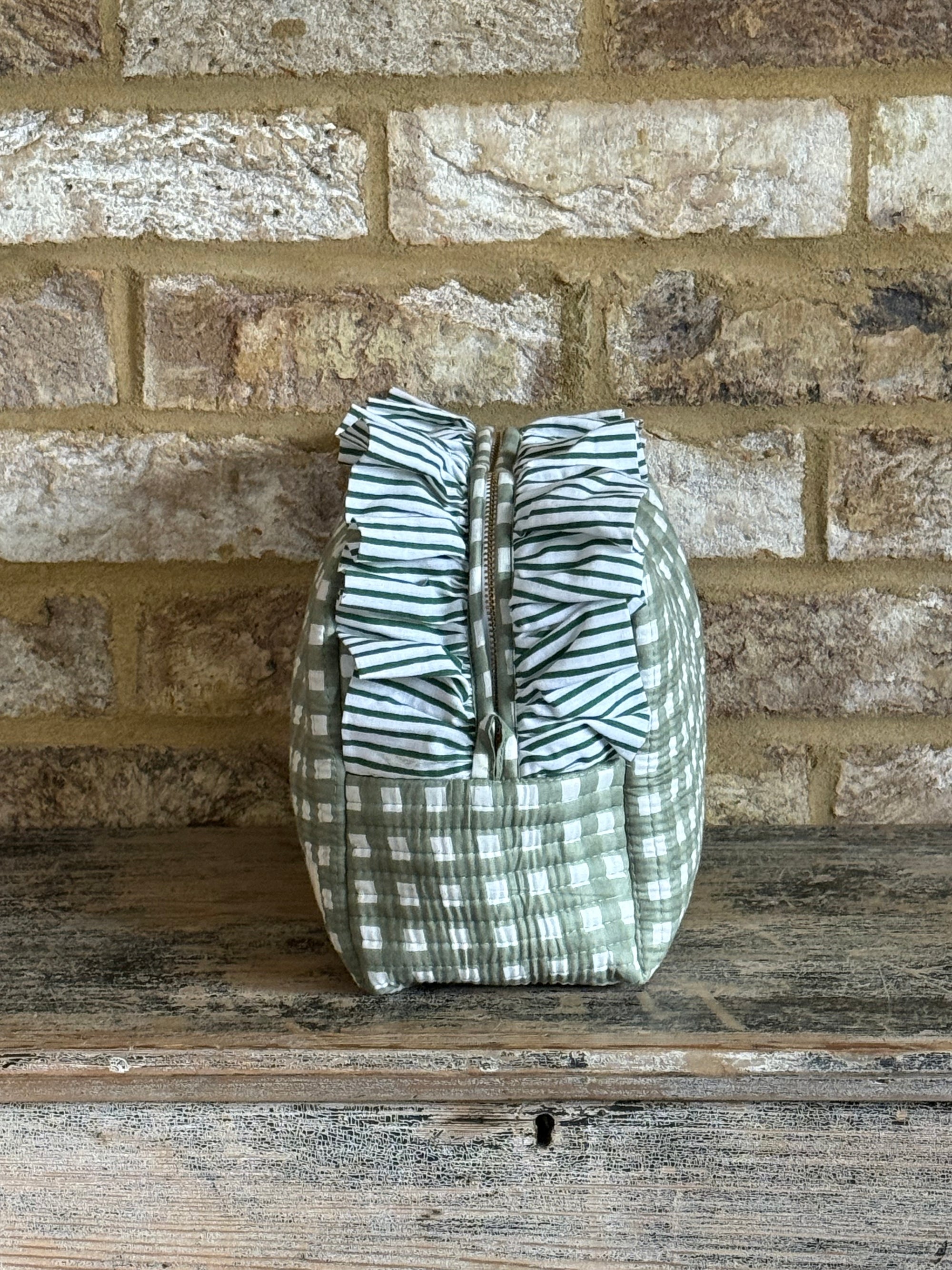 Handmade Quilted Ruffle Makeup Pouch | Green Check
