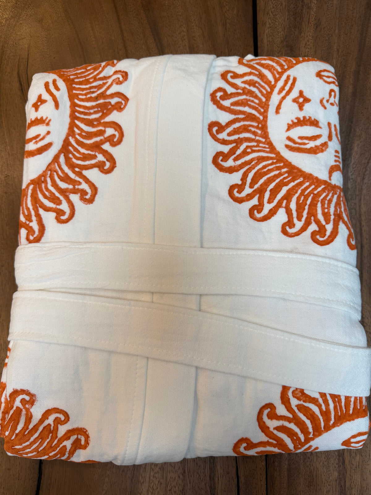 Long Cotton Robe: Off White with Terracotta Sun