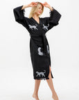 Long Cotton Robe: Black with Cheetah