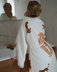 Long Cotton Robe: White with Cheetah