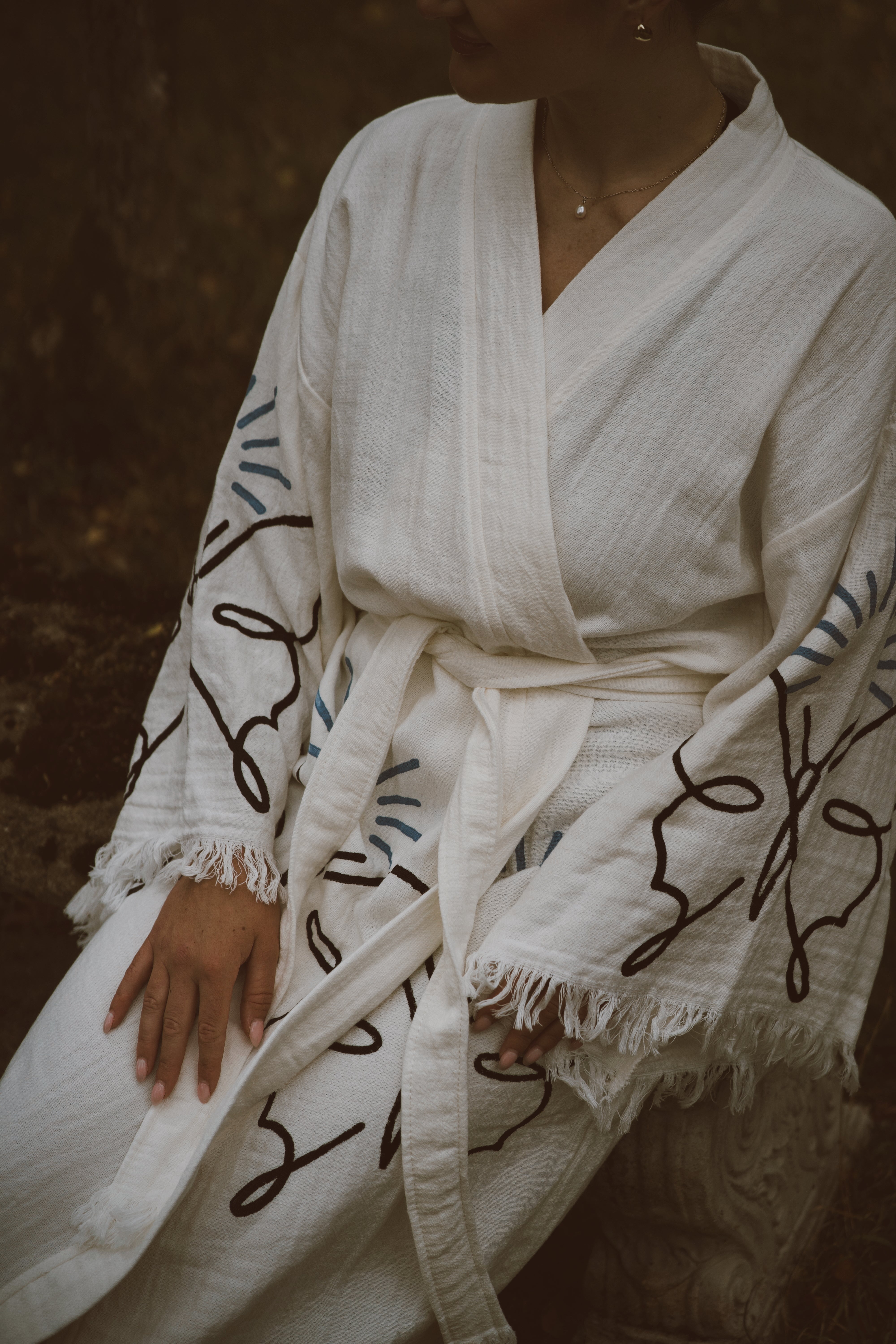 Long Cotton Kimono Robe White Butterfly Print | Organic Turkish Cotton ...