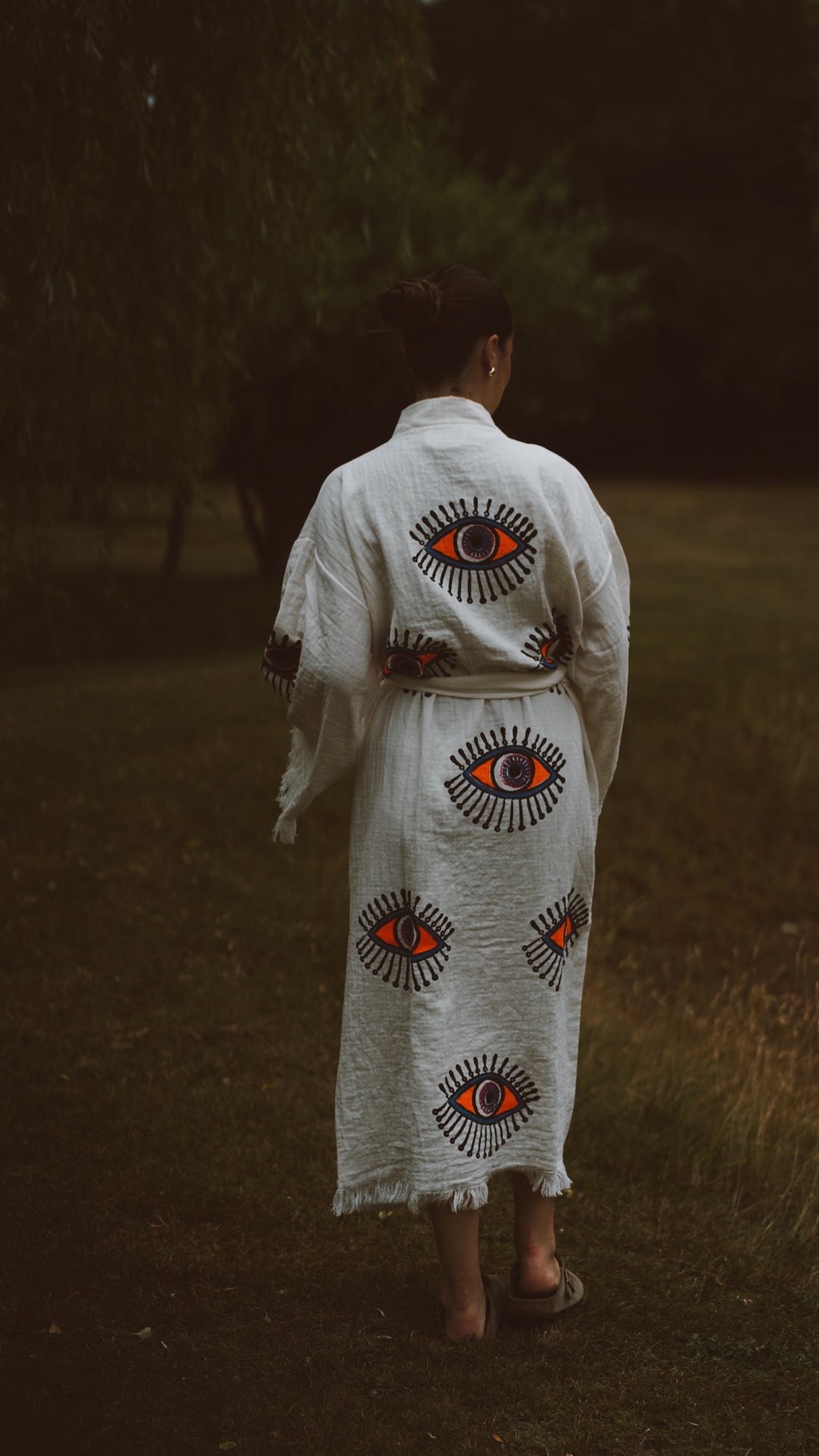 Long Cotton Robe: White with Orange Eye